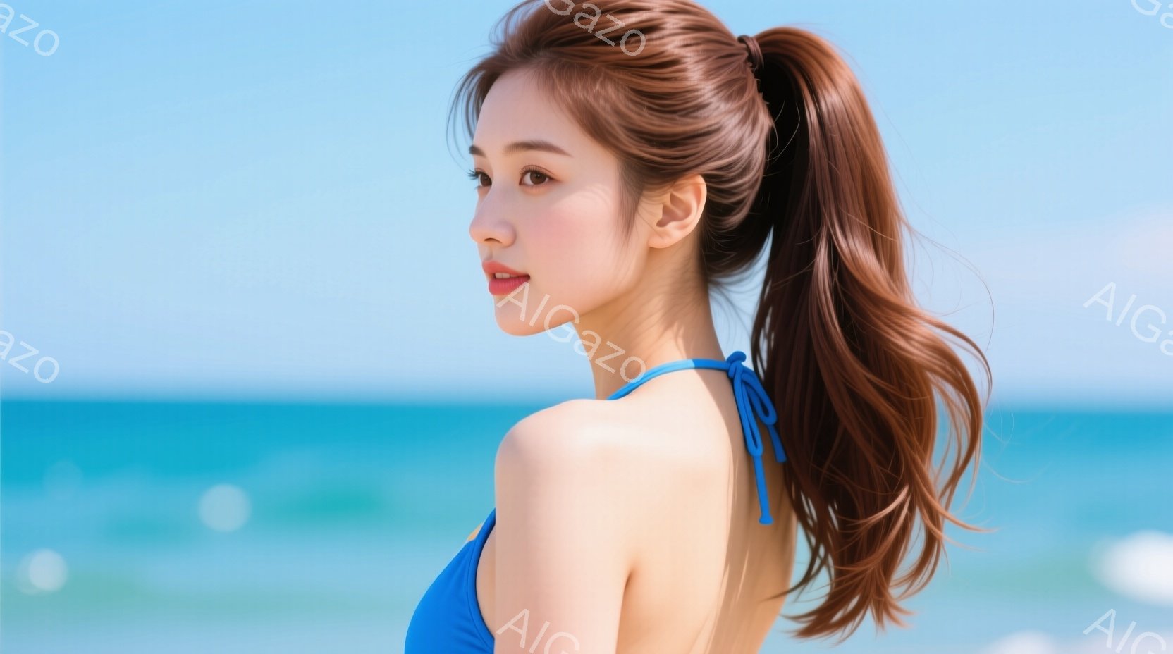 長い茶色の髪を高いポニーテールにした女性が、鮮やかな青い水着を着て横を向いています。彼女は穏やかな表情で、少し微笑んでいるように見えます。背景には、ターコイズブルーの海と白い波が広がり、晴れた日のリゾ - AI生成フリー素材