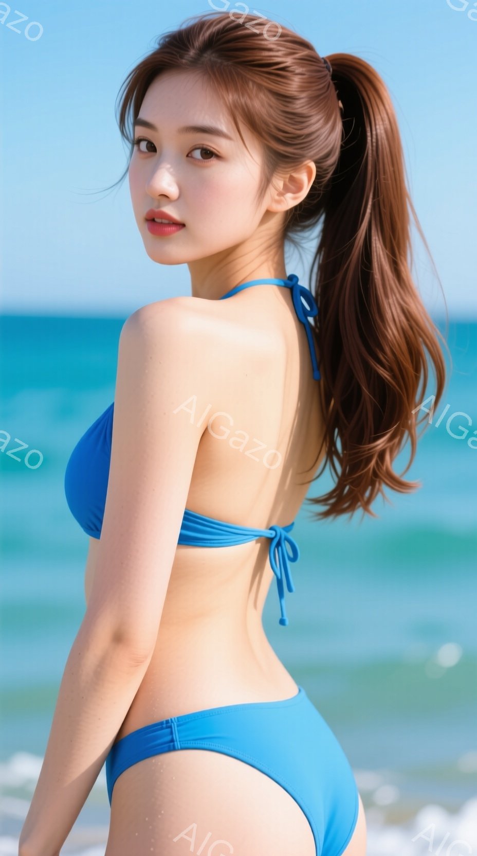 鮮やかな青いビキニを着た若い女性が、砂浜でカメラに向かって振り返っています。彼女は長い茶色の髪を高いポニーテールにし、わずかに微笑んでいます。背景には、穏やかな青い海と晴れた空が広がり、リゾート地の雰 - AI生成フリー素材