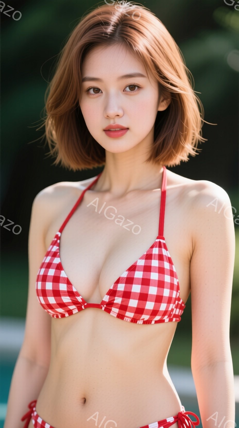 赤と白のギンガムチェック柄のビキニを着た若い女性が写っています。彼女は肩までの長さの茶色の髪を持ち、穏やかな表情でカメラを見つめています。背景にはぼやけた緑の植物が見え、屋外で晴れた日のような雰囲気です。