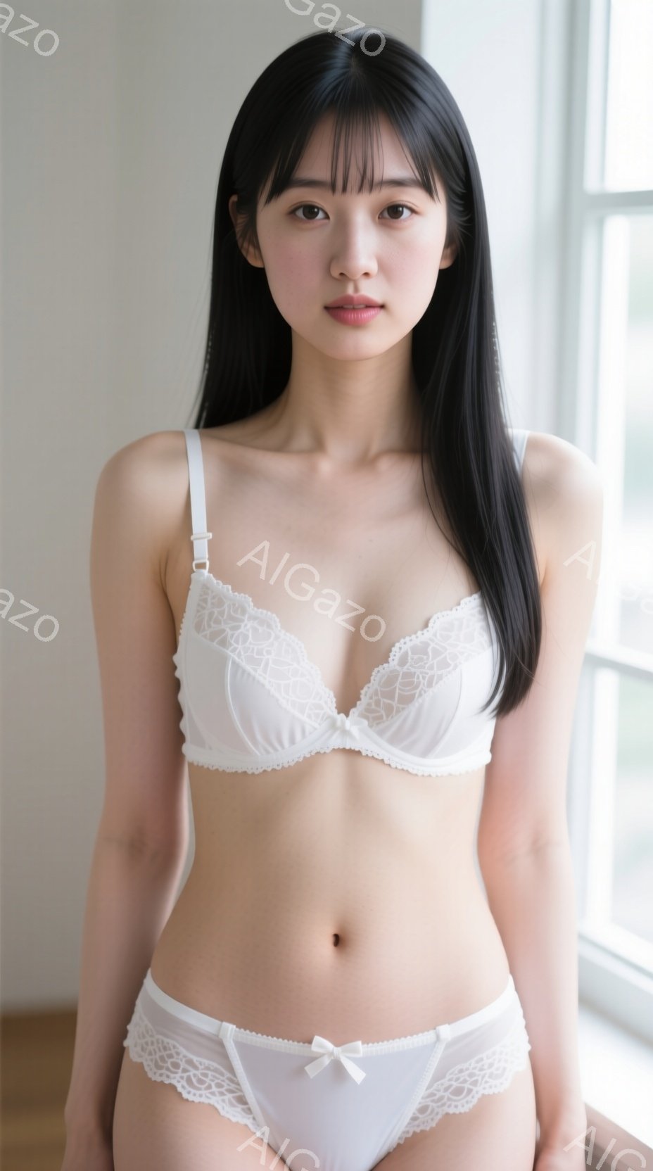 長い黒髪でストレートに下ろした女性が、白いレースのブラジャーとパンティーを身につけて立っている。彼女は少し微笑み、カメラを見つめ、姿勢はまっすぐでリラックスしているように見える。背景は、自然光が入る窓 - AI生成フリー素材