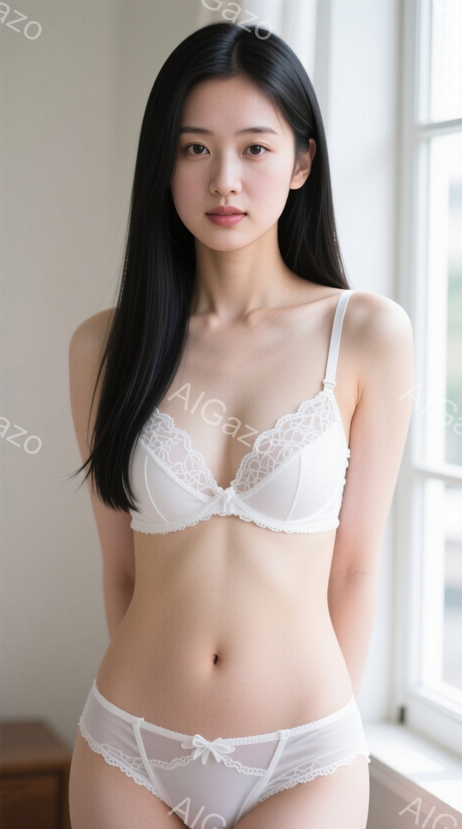 長い黒髪を後ろに流した女性が、白いレースのブラジャーとショーツのセットを身に着けて立っています。彼女はわずかに微笑み、まっすぐカメラを見つめています。背景は窓で、穏やかで自然な光が差し込んでいます。 - AI生成フリー素材