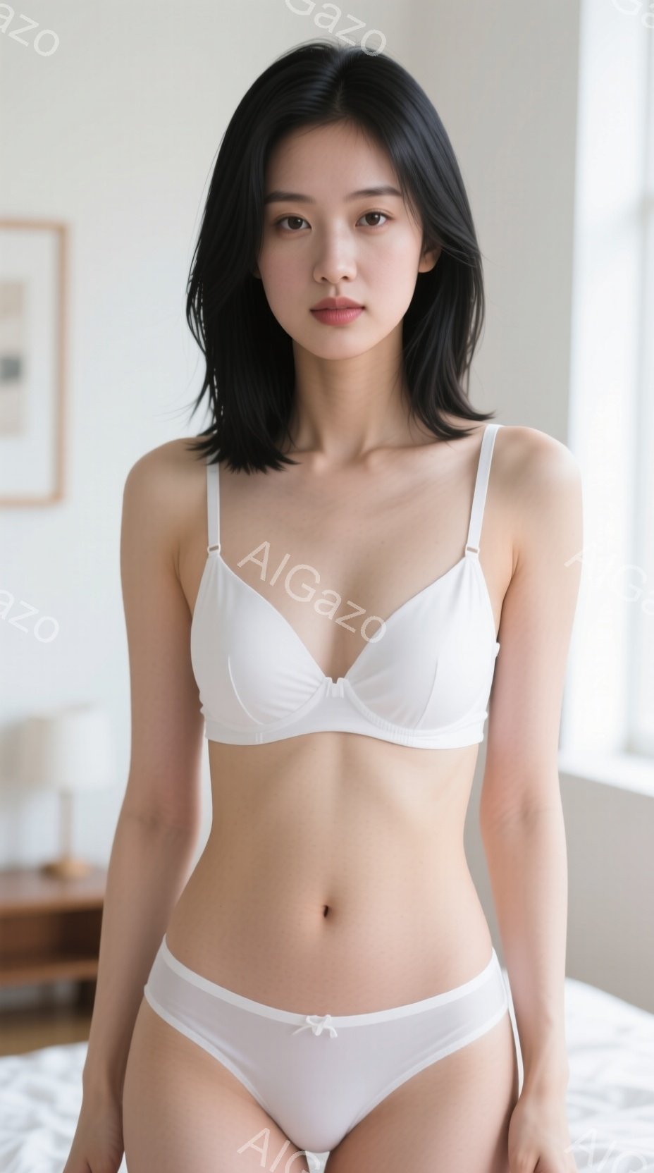 白いブラとショーツを身につけた若い女性が立っています。彼女は黒髪のショートヘアで、やや無表情な顔つきです。背景は白いベッドと薄暗い部屋で、全体的に落ち着いた雰囲気です。