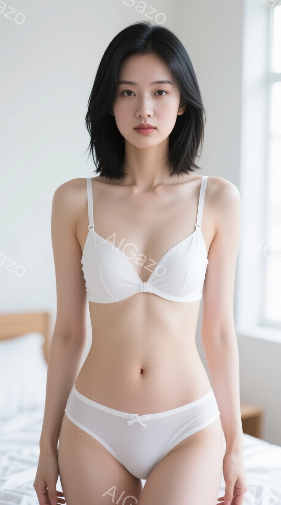 白いブラとショーツを身につけた若い女性が写っています。彼女はストレートの黒髪で、顔は穏やかな表情をしています。背景は白いベッドとぼやけた部屋で、全体的に清潔感のある雰囲気が漂っています。 - AI生成フリー素材