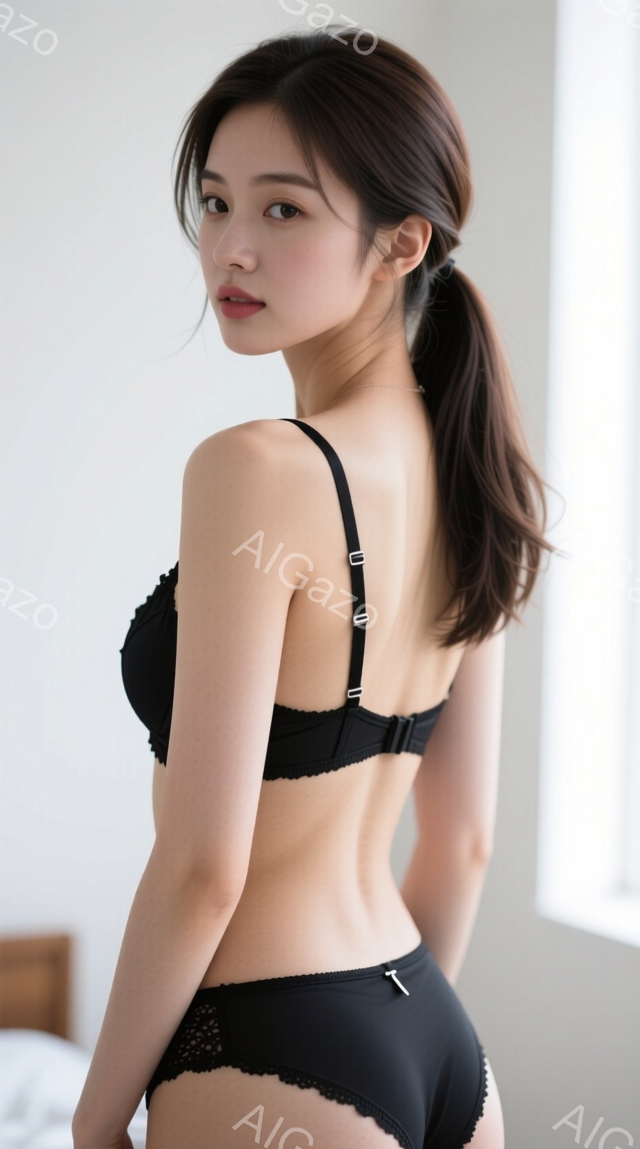 黒いレースのブラジャーとショーツを身につけた女性が、後ろ姿を見せています。髪は高い位置でポニーテールにまとめられ、顔は少し横を向いており、落ち着いた表情をしています。背景は白く、ベッドの一部が見え、全 - AI生成フリー素材