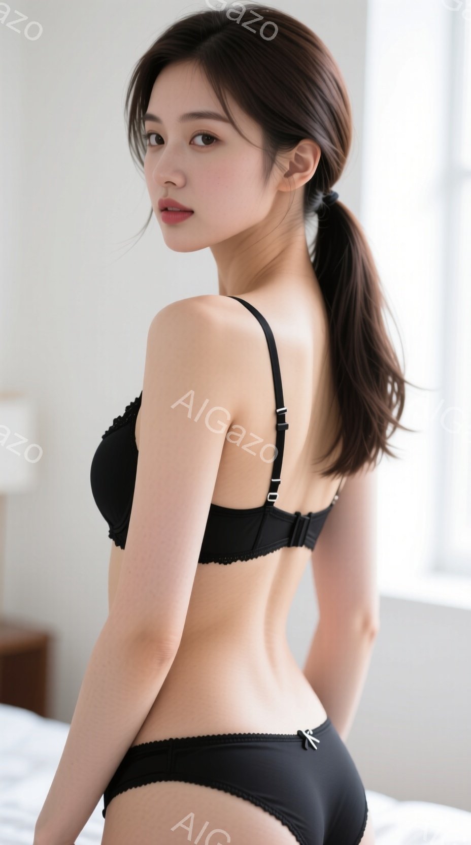 長い黒髪をハーフアップにした女性が、黒い下着姿で後ろ姿を見せています。彼女はベッドの縁に立ち、わずかに体をひねってカメラを見つめており、表情は穏やかで少し微笑んでいます。背景は明るい部屋の一部で、白い - AI生成フリー素材