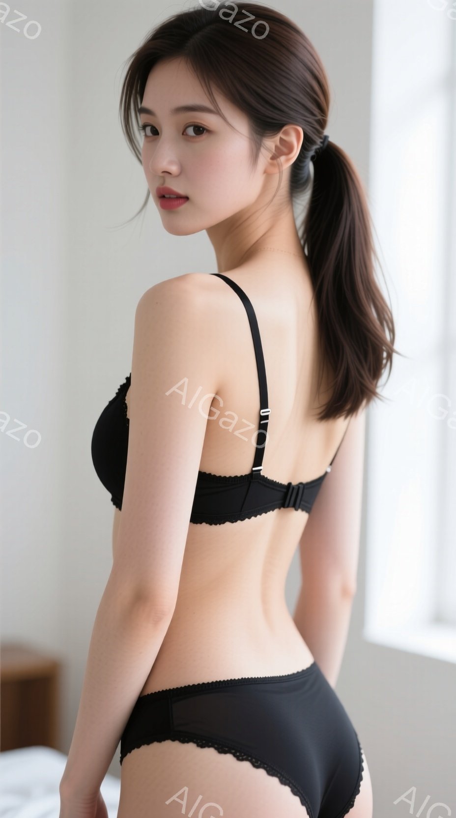 黒いレースのブラとショーツを着用した女性が、後ろ姿を捉えられています。髪は高くポニーテールに結われ、肌は滑らかで光沢があります。背景はぼやけた室内で、明るい自然光が差し込み、全体的に洗練された雰囲気を - AI生成フリー素材