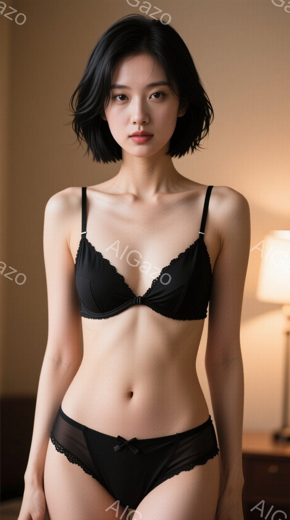 黒いブラとショーツを身につけた若い女性が写っている。彼女は肩までの短い黒髪で、表情は穏やかで少し微笑んでいる。背景は暖色系の部屋で、テーブルとランプが見え、全体的に落ち着いた雰囲気が漂っている。 - AI生成フリー素材