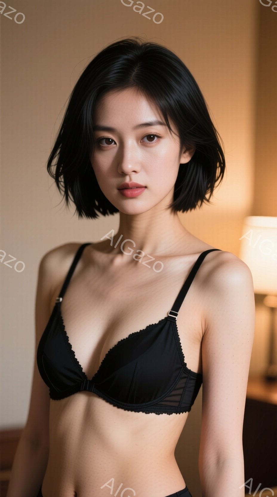 ショートヘアの女性が、黒いレースのブラレットと下着を着用し、わずかに微笑んでいます。彼女はリラックスした姿勢でカメラを見つめ、背景にはぼやけた室内が映っています。全体的に柔らかく、自然な光が女性の魅力 - AI生成フリー素材