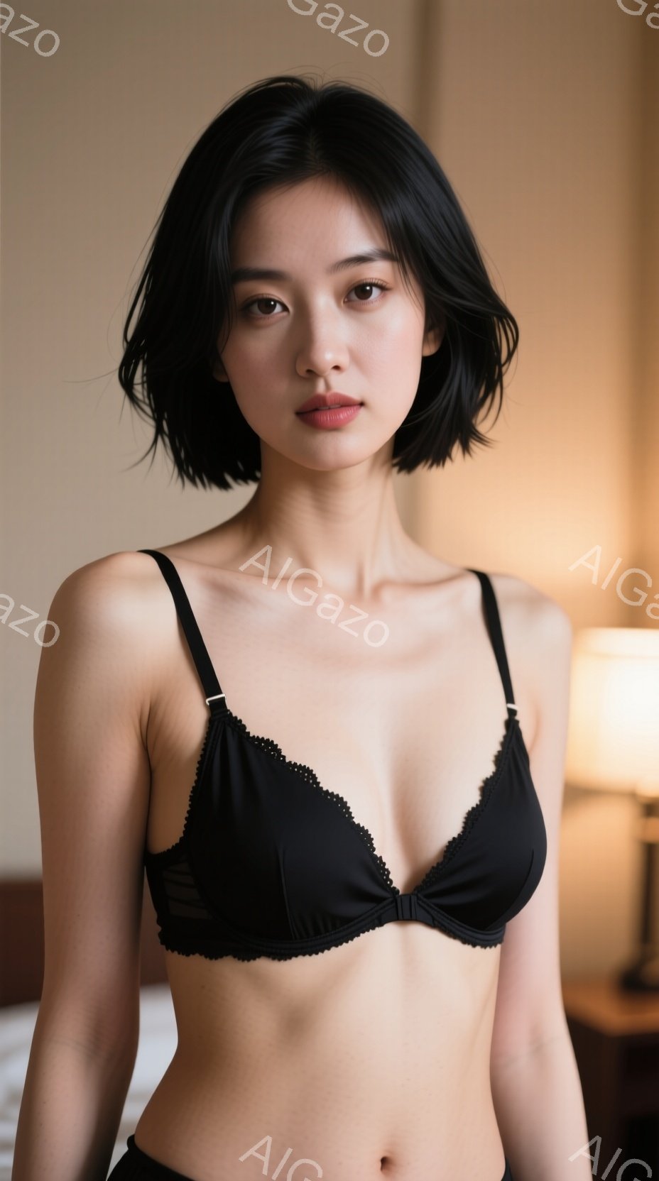 短い黒髪の女性が、黒いレースのブラジャーと下着姿で正面を向いています。彼女は少し微笑んでおり、落ち着いた表情をしています。背景にはベッドとテーブルランプが見え、暖色系の照明で柔らかい雰囲気が漂っていま - AI生成フリー素材