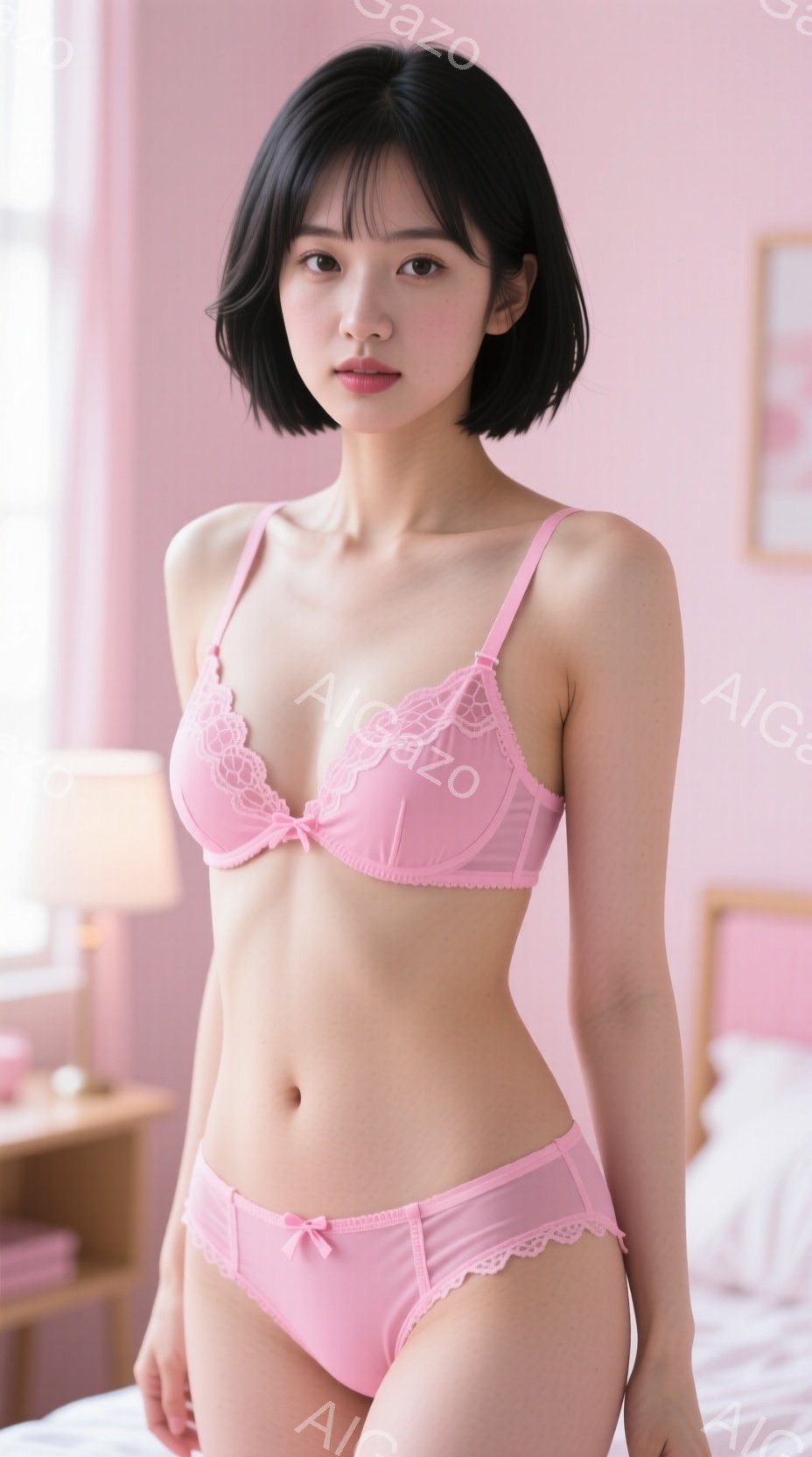 ピンク色のレースのブラジャーとショーツを着用した若い女性が、白いベッドの上に立っている。彼女は黒髪のボブヘアで、少し微笑み、リラックスした表情をしている。背景には、ピンク色の壁と小さなテーブルが見え、 - AI生成フリー素材