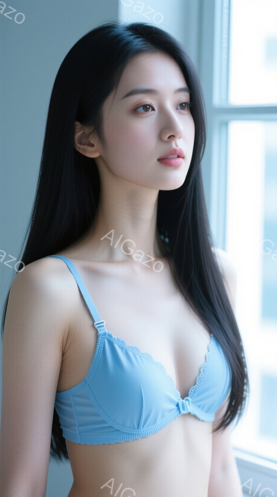 長い黒髪の女性が、淡い水色のブラジャーを着て立っています。彼女は正面を向き、わずかに微笑み、穏やかな表情をしています。背景は明るい窓で、全体的に柔らかく、自然な光が差し込む静かな雰囲気です。 - AI生成フリー素材