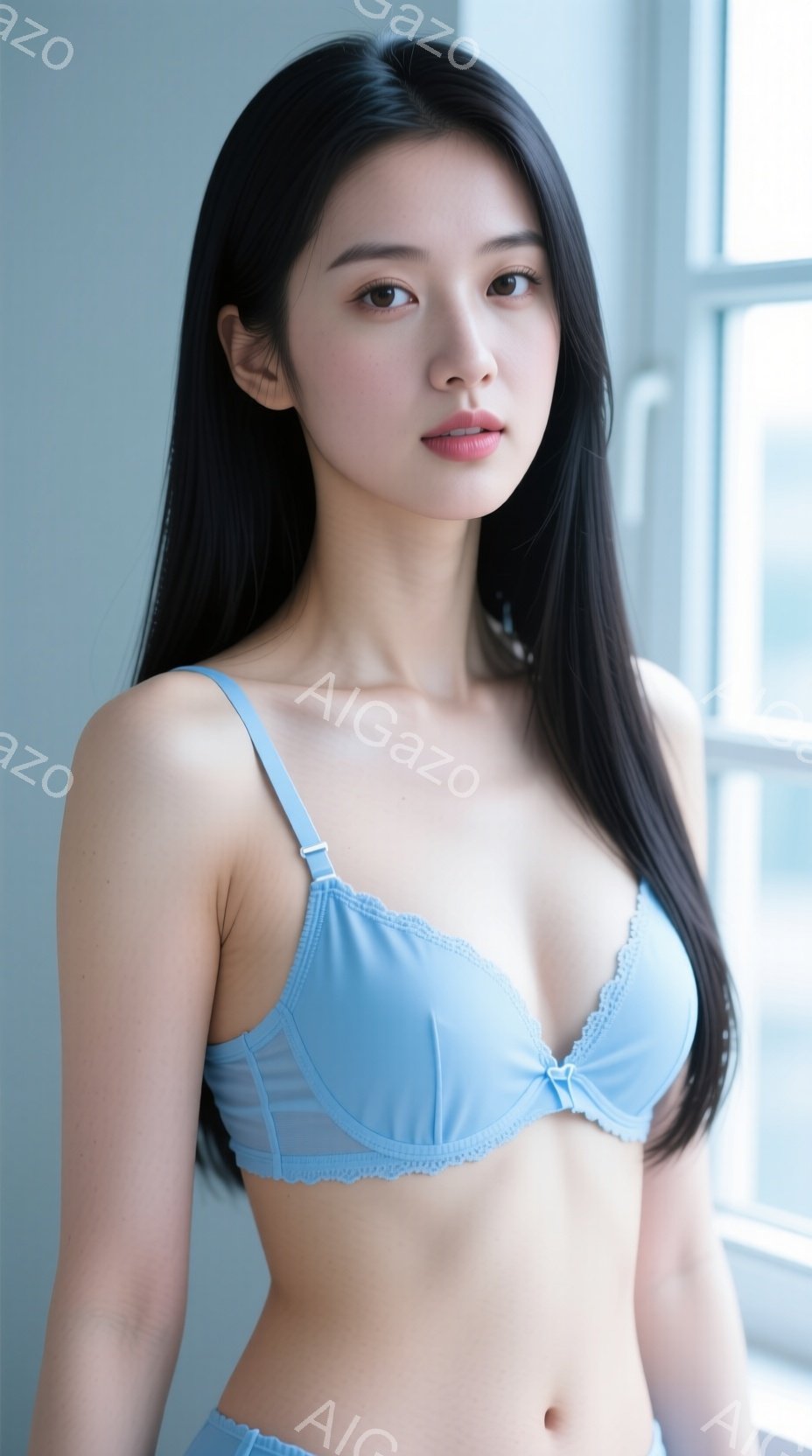 長い黒髪を肩にかけた女性が、水色のレースのブラとショーツを着用して正面を向いています。彼女はわずかに微笑んでおり、姿勢は自然でリラックスしています。背景には窓があり、明るい光が差し込んでいます。 - AI生成フリー素材