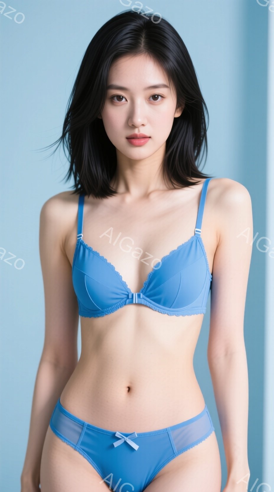 モデルは水色のブラとショーツを着用し、正面を向いています。彼女は肩までの黒髪で、控えめな表情を浮かべています。背景は淡い青色で、モデルが際立っています。