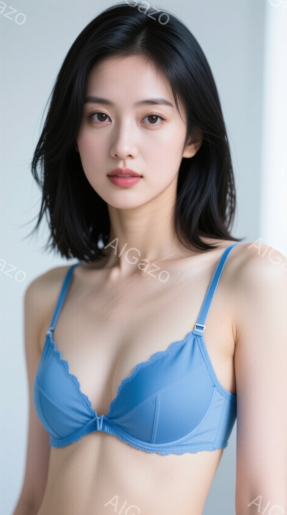 この女性は、明るい水色のブラレットを着用し、真っ直ぐカメラを見つめています。肩までの黒髪は少しカールしており、自然な笑顔で表情は穏やかです。背景は淡い青色で、女性が引き立つようにシンプルに構成されてい - AI生成フリー素材