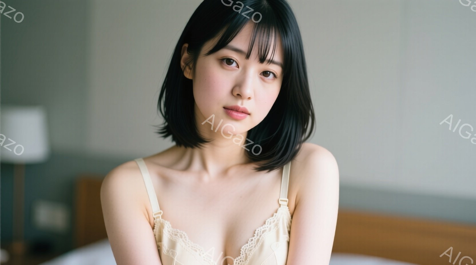 黒髪のショートヘアで、前髪が目にかかる女性が写っている。クリーム色のキャミソールを着ており、わずかに微笑んでいる。背景は穏やかな色調のベッドルームで、リラックスした雰囲気が漂っている。 - AI生成フリー素材