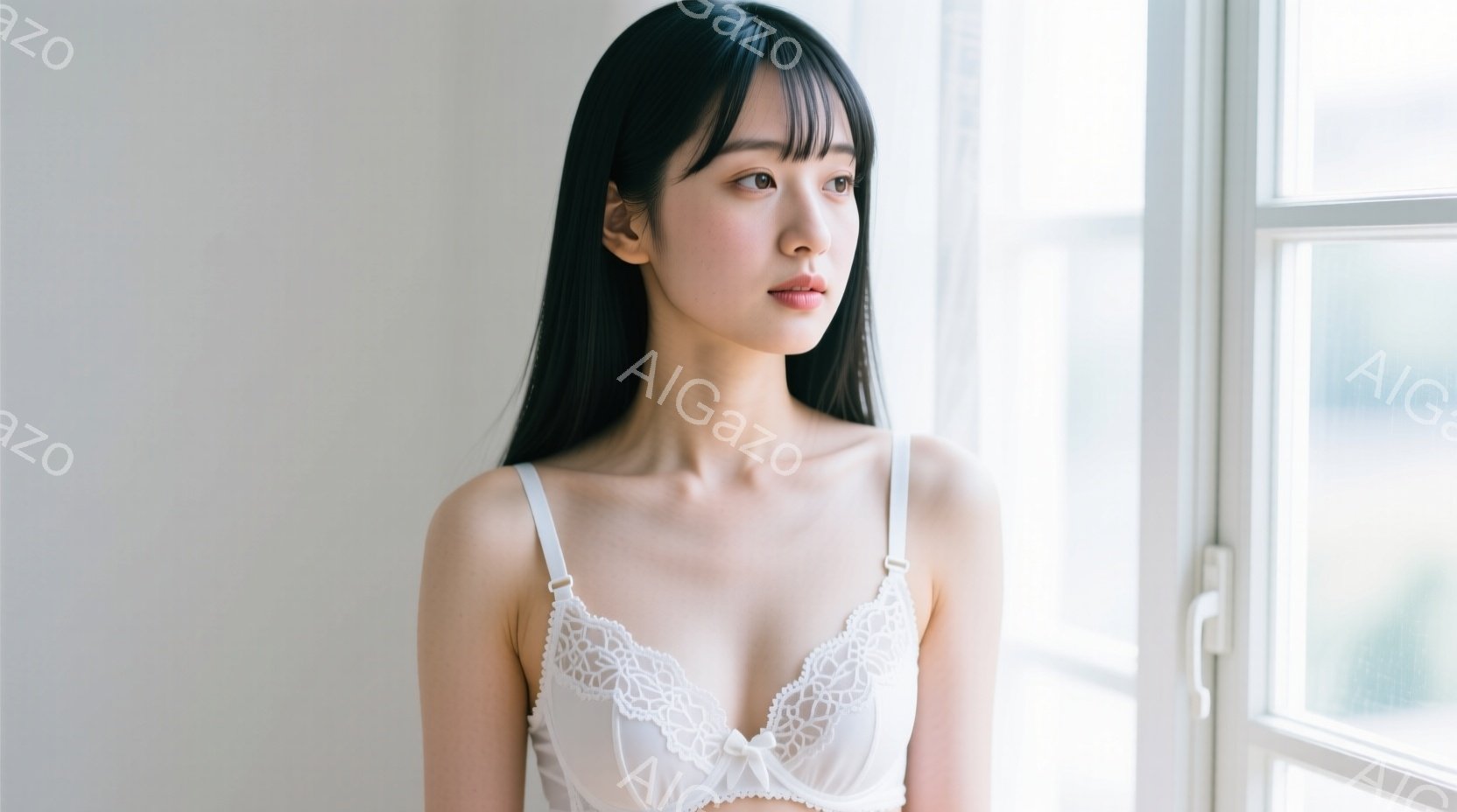 長い黒髪をセンターパートにした女性が、白いレースのブラレットを着用し、窓辺に立っている。彼女はわずかに横を向き、穏やかで物憂げな表情を浮かべている。窓の外にはぼやけた背景が見え、柔らかい自然光が室内に - AI生成フリー素材