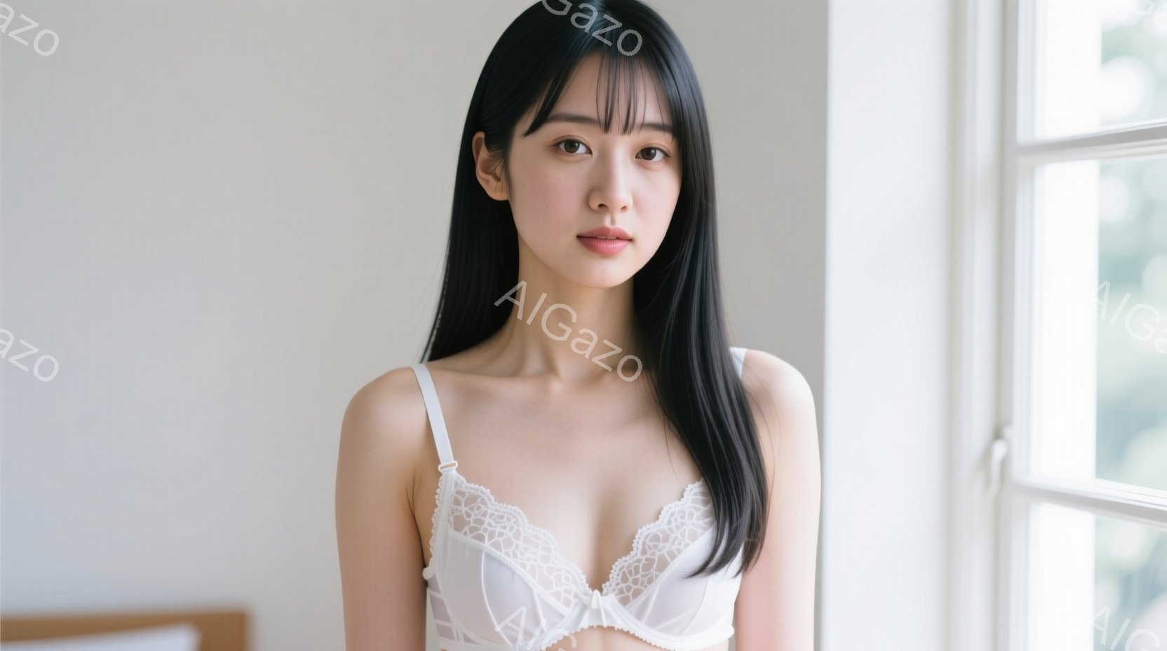 長い黒髪の女性が、白いレースのブラレットを着用して正面を向いています。彼女は落ち着いた表情で、わずかに微笑んでいるように見えます。背景は明るい窓と白い壁で、柔らかい自然光が差し込んでおり、全体的に穏や - AI生成フリー素材