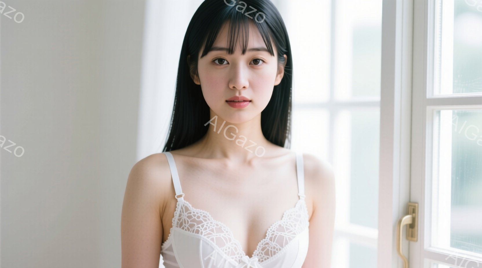 黒髪の女性が白いレースのキャミソールを着て、窓辺に立っています。彼女はまっすぐ前を見ており、表情は穏やかで、少し微笑んでいるように見えます。背景は白く、窓枠が印象的で、全体的に柔らかく、落ち着いた雰囲 - AI生成フリー素材