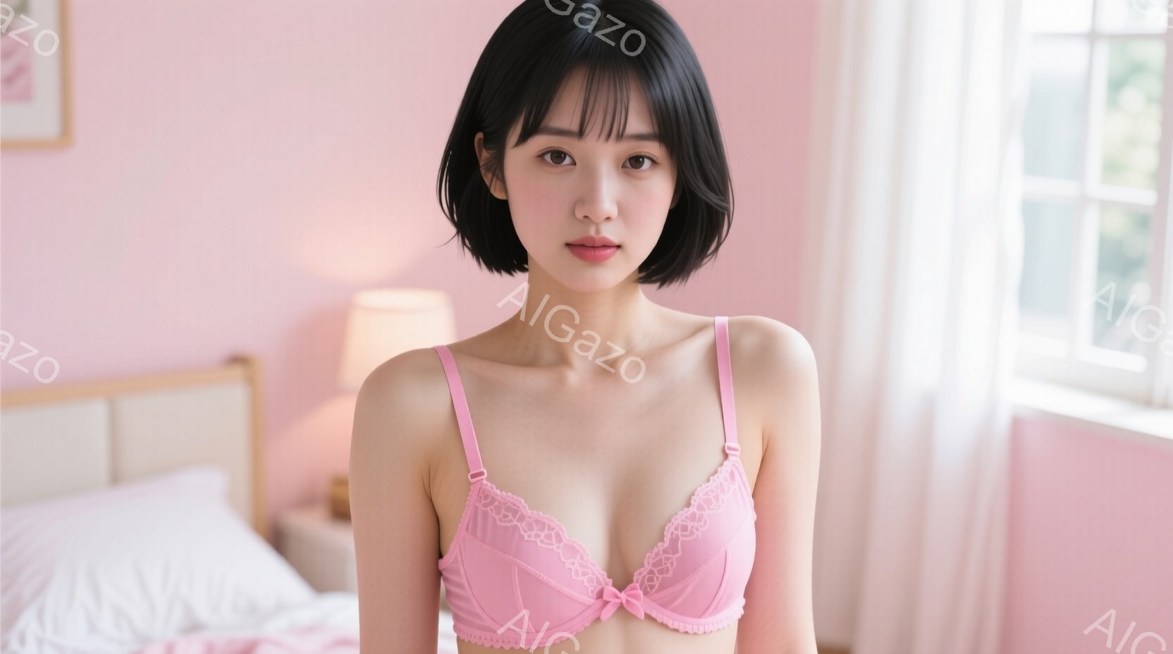 若い女性がピンク色のレースのブラジャーを着用し、カメラに向かって微笑んでいます。彼女は黒髪のショートボブで、穏やかで優しい表情をしています。背景はベッドと窓があり、明るく柔らかい雰囲気の寝室です。 - AI生成フリー素材