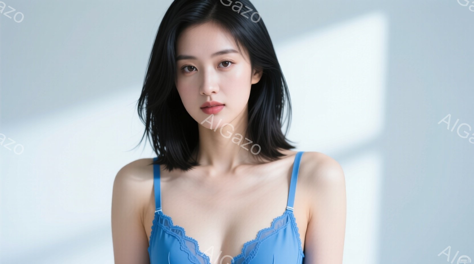 濃い黒髪の女性が、淡い水色のキャミソールを着て正面を見つめています。彼女は肩を少し落とし、わずかに微笑んでいます。背景は白く、光が柔らかく当たることで、全体的に穏やかで清潔感のある雰囲気が漂っています - AI生成フリー素材