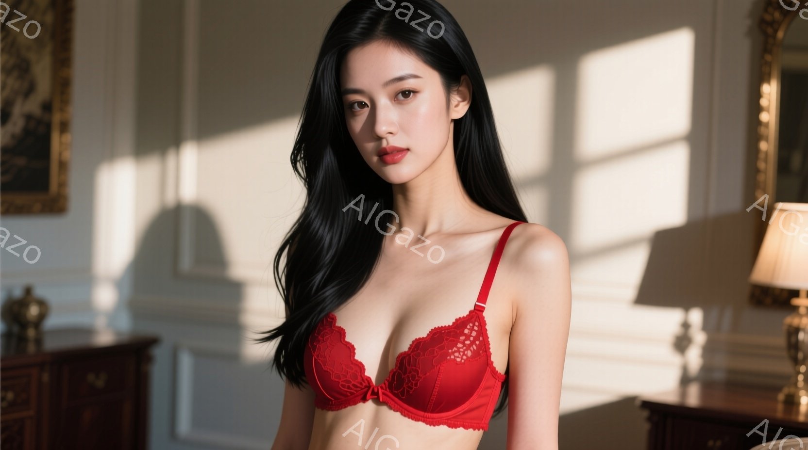 長い黒髪をなびかせた女性が、赤いレースのブラレットを着用して立っている。彼女はわずかに微笑み、カメラを見つめている。背景はクラシカルな内装の部屋で、木製の家具や装飾が施されており、柔らかい光が差し込ん - AI生成フリー素材
