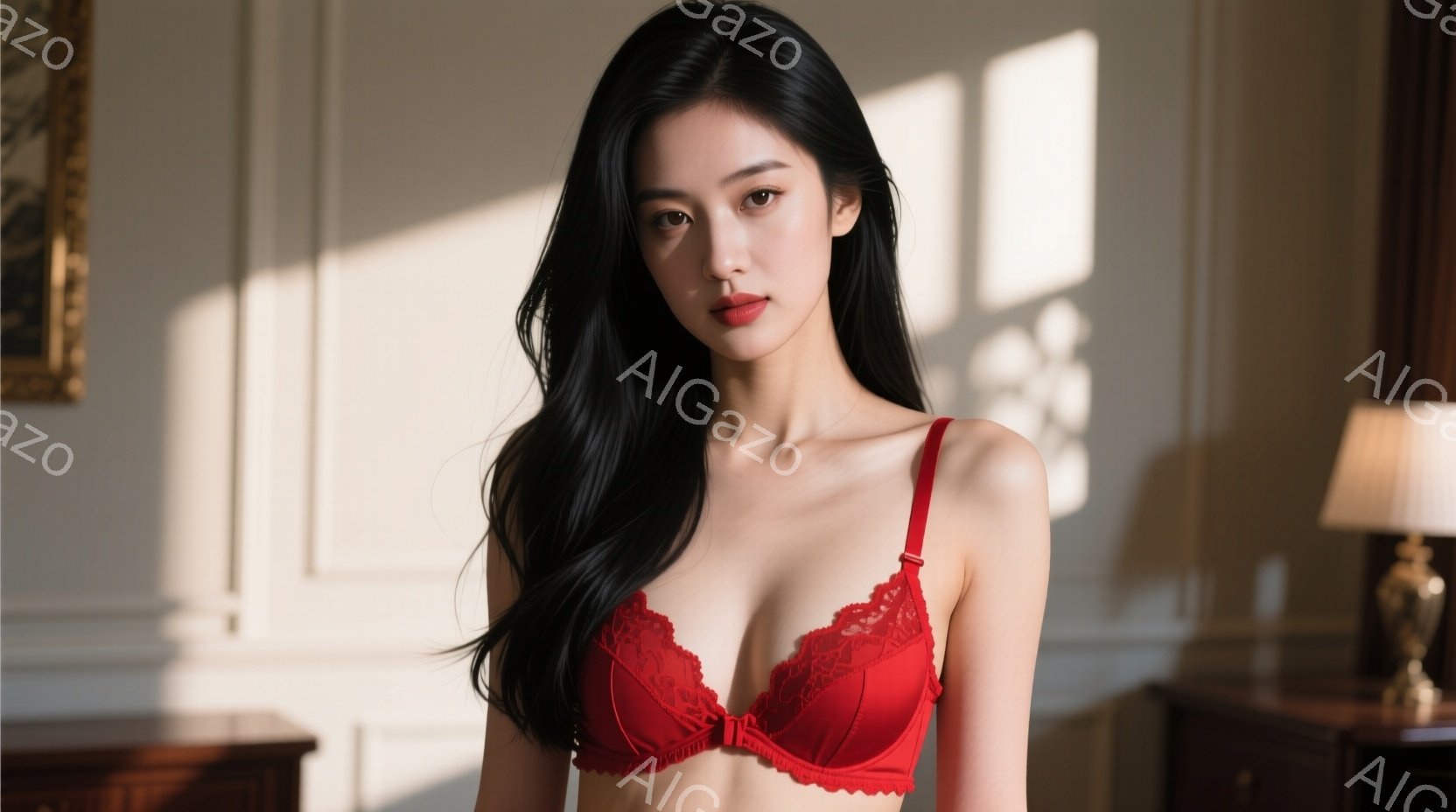 長い黒髪を肩にかけ、赤いレースのブラレットを身につけた女性が写っています。彼女はわずかに微笑み、カメラを見つめており、上品で洗練された雰囲気を醸し出しています。背景は白く装飾された壁と家具で、窓から差 - AI生成フリー素材