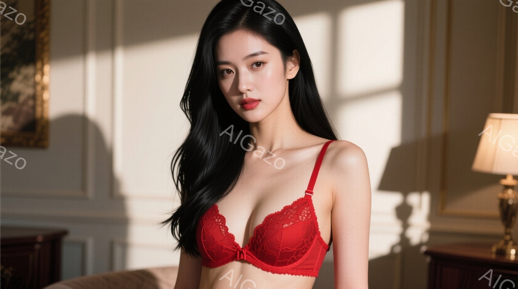 長い黒髪をなびかせ、赤いレースのブラレットを着た女性が写っている。彼女はリラックスした姿勢でカメラを見つめ、少し微笑んでいるように見える。背景はクラシックな内装の部屋で、窓から差し込む光が彼女を照らし - AI生成フリー素材
