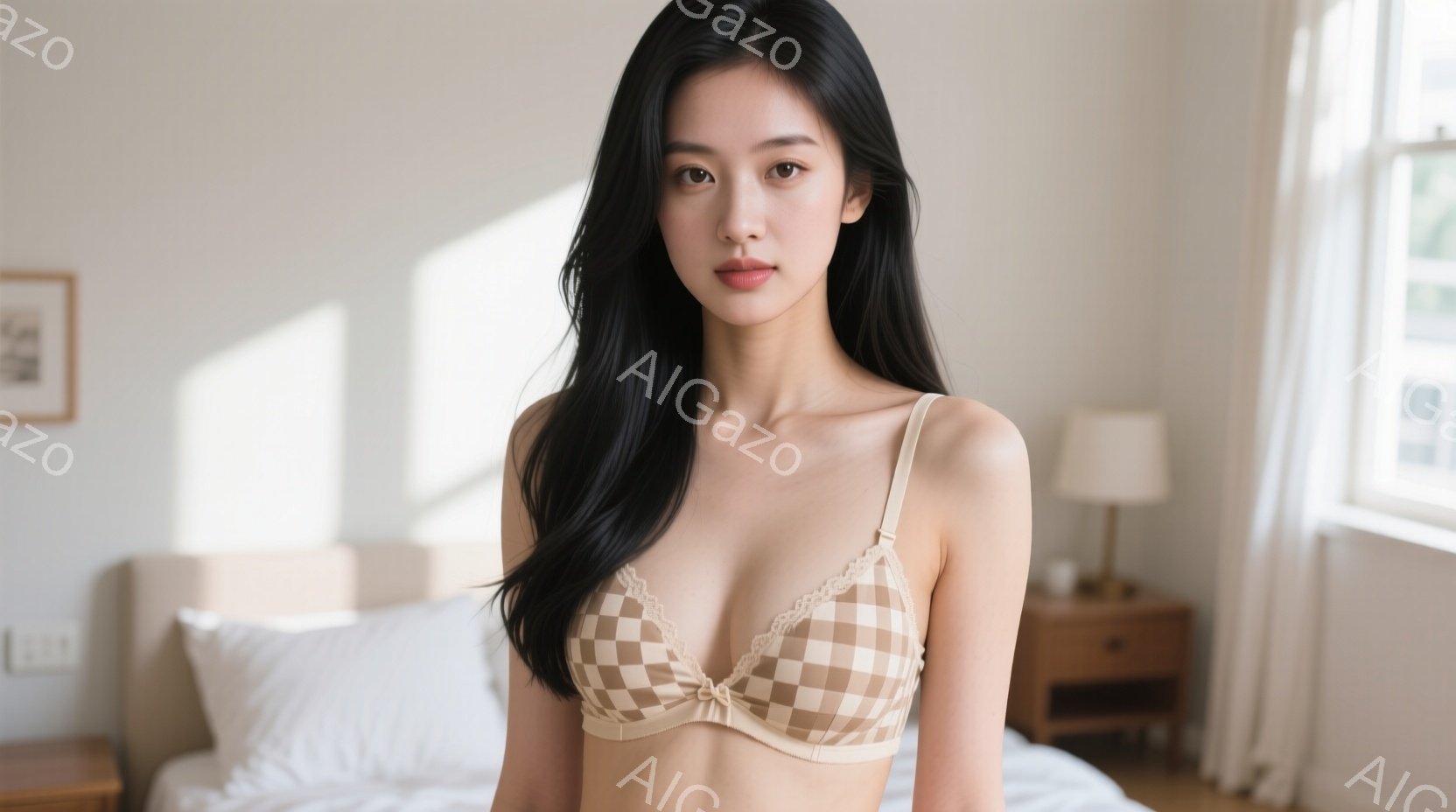 長い黒髪の女性が、チェック柄のブラレットと下着姿でベッドに座っています。彼女は穏やかな表情でカメラを見つめ、リラックスした姿勢でいます。背景には窓から差し込む光が暖かく、ベッドサイドテーブルと柔らかな照明が穏やかな雰囲気を演出しています。