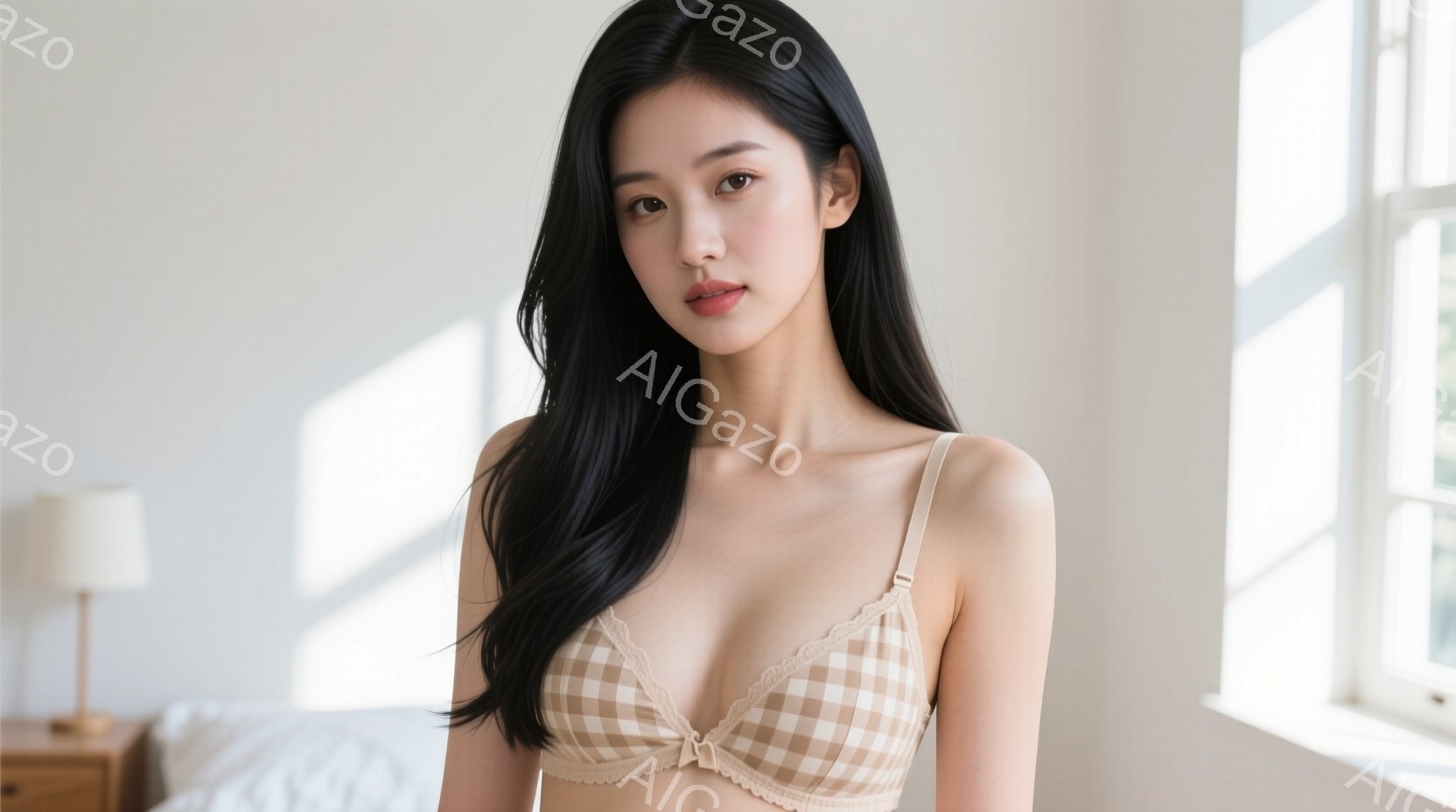 長い黒髪をセンターパートにした女性が、窓辺に立っています。ベージュと白のギンガムチェックのブラレットを身に着け、少し微笑んでいます。背景には白いベッドと、日の光が差し込む窓があり、全体的に柔らかく暖かい雰囲気が漂っています。
