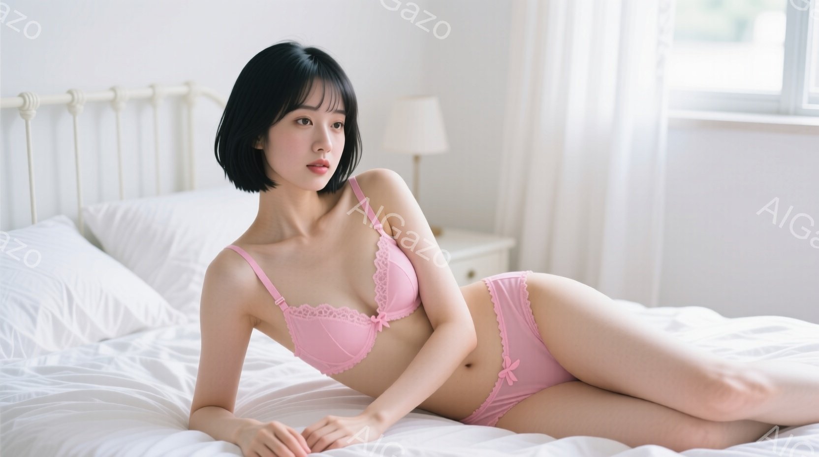 ベッドに横たわる女性は、ピンク色のレースのブラジャーとショーツを身につけています。黒いショートボブヘアで、少し微笑んだ表情をしています。背景には白いベッドとナイトスタンド、そして柔らかな光が差し込む窓 - AI生成フリー素材