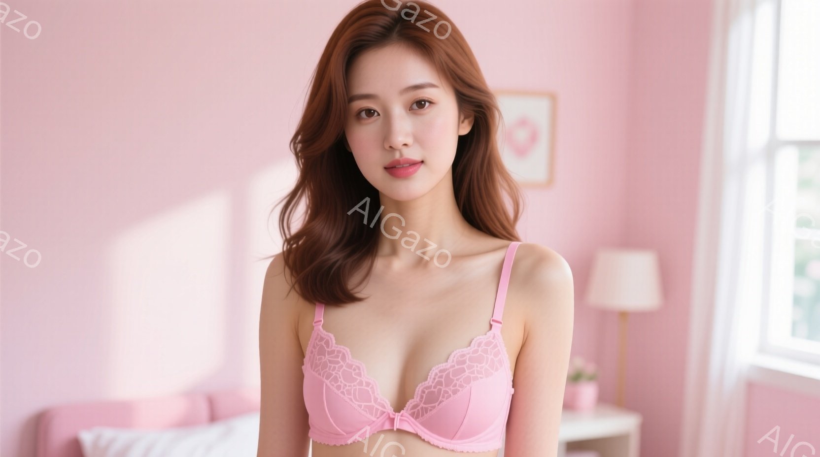 明るいピンクのレースブラレットを着た若い女性が写っています。彼女は長い茶色の髪を肩にかけ、穏やかな微笑みを浮かべています。背景は薄いピンク色の壁と、ランプや植物のある白い家具で飾られたベッドルームで、 - AI生成フリー素材