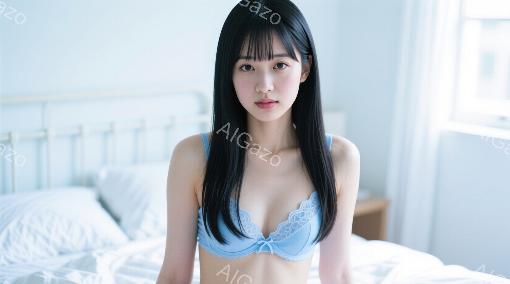 長い黒髪の女性が、淡い水色のレースブラジャーを着用してベッドに座っています。彼女は正面を向き、穏やかな表情でこちらを見ています。背景は白を基調とした寝室で、全体的に清潔で明るい印象です。 - AI生成フリー素材