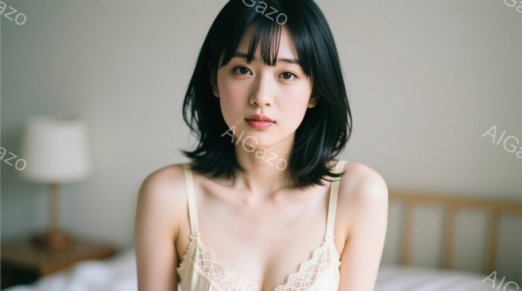 黒髪の女性が、クリーム色のレースのキャミソールを着て、ベッドに座ってこちらを見ている。彼女は肩を出し、少し微笑んでおり、落ち着いた表情をしている。背景には木製のベッドフレームと、ぼんやりとしたテーブル - AI生成フリー素材