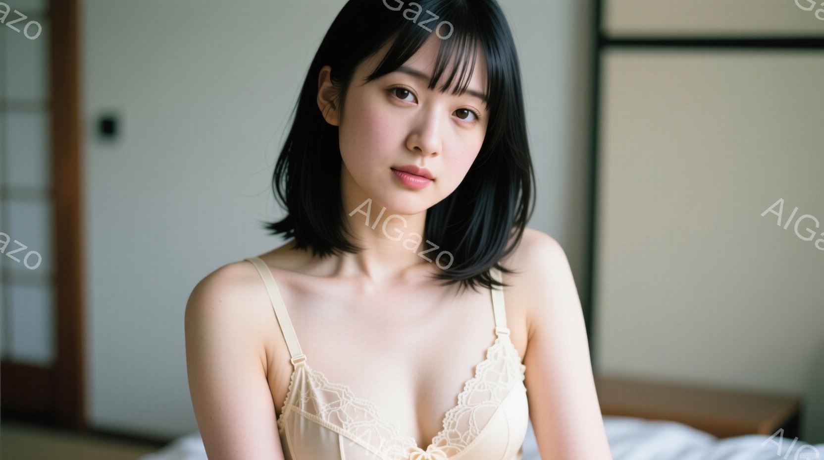 黒髪のボブヘアの女性が、クリーム色の繊細なレースのキャミソールを着て正面を見つめています。彼女はリラックスした姿勢で座っており、穏やかでわずかに微笑んだ表情をしています。背景は畳の部屋の一部で、落ち着 - AI生成フリー素材