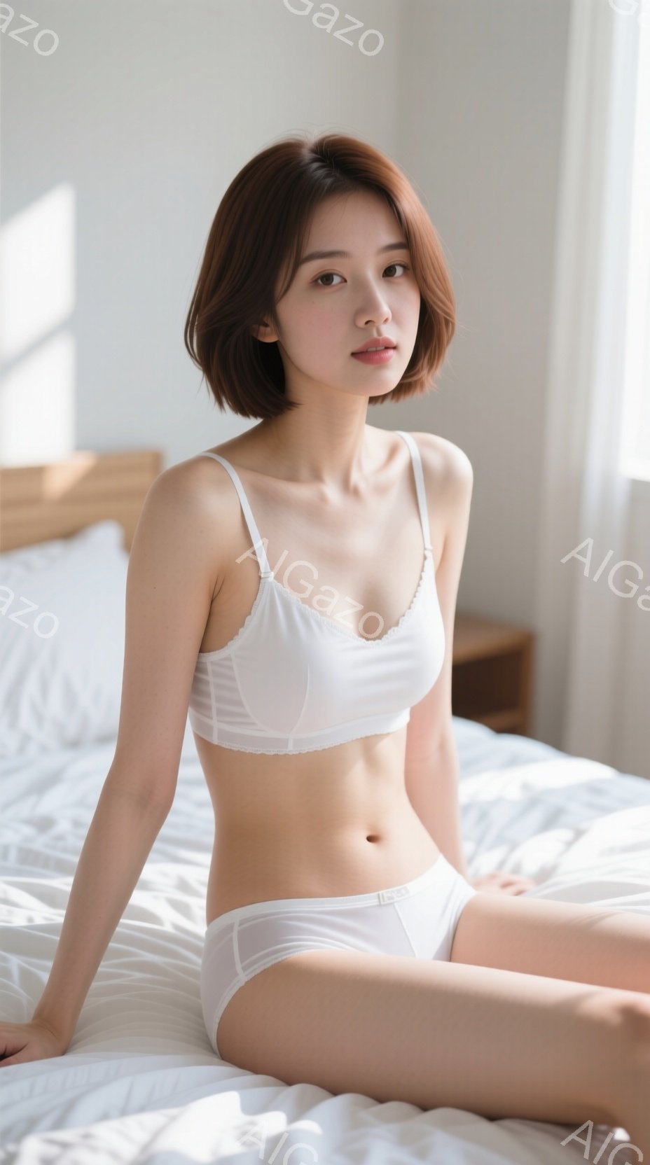 明るい部屋で、白い下着姿の若い女性がベッドに座っています。ショートヘアで、穏やかな表情を浮かべ、少し微笑んでいます。背景はシンプルで、明るい光が差し込み、清潔感のある雰囲気です。 - AI生成フリー素材