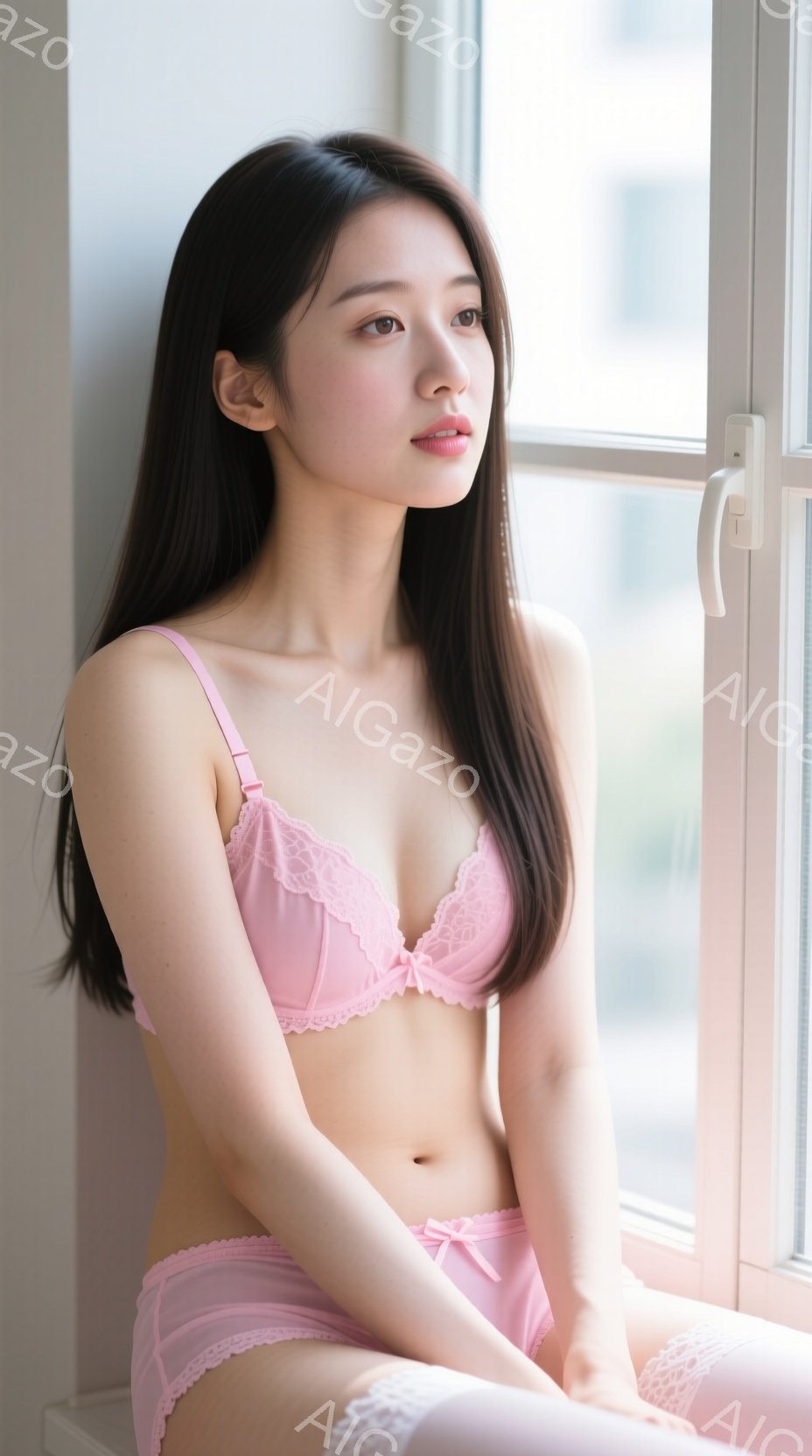 長い黒髪の女性が、ピンク色のレースのブラとショーツを身に着けて窓際に座っています。彼女はリラックスした表情で少し外を見つめており、優しい光が彼女を照らしています。背景にはぼやけた都市の建物が見え、全体 - AI生成フリー素材