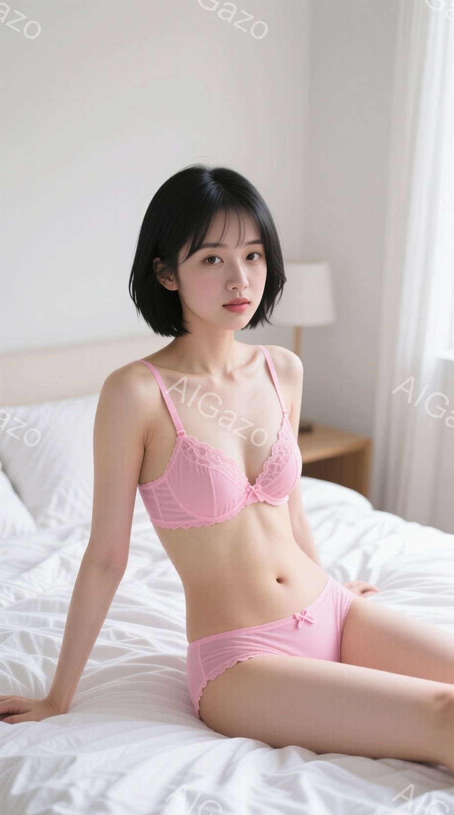 若い女性がベッドに座って、ピンク色のレースのブラとショーツを身につけています。彼女は黒いショートボブヘアで、穏やかな表情をしています。背景は白を基調とした寝室で、木製のナイトスタンドとランプが見えます - AI生成フリー素材