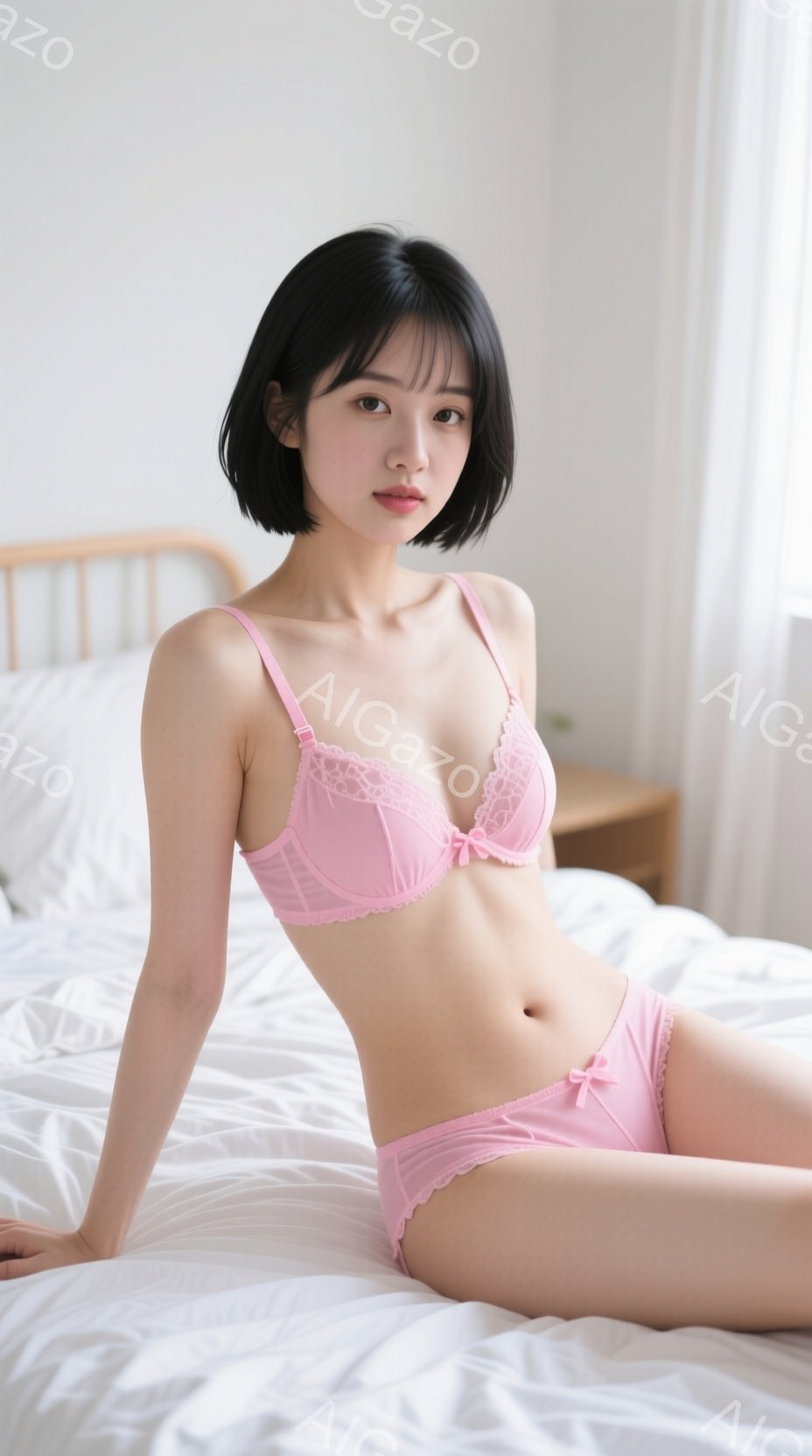 ピンク色のランジェリーを着た女性が、白いベッドの上に座っています。彼女は黒髪のショートボブで、少し微笑んだ表情をしています。背景はシンプルな寝室で、全体的に柔らかく、穏やかな雰囲気が漂っています。 - AI生成フリー素材