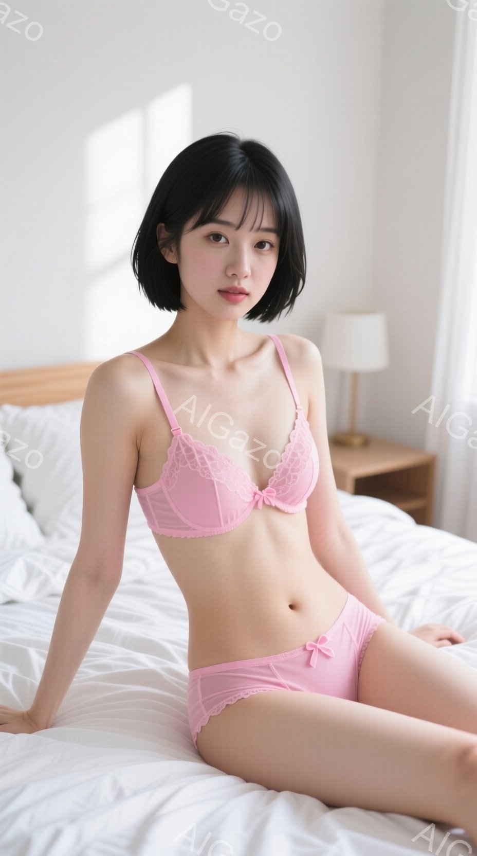 ピンク色のランジェリーを着た女性が白いベッドの上に座っています。彼女は黒いショートボブヘアで、わずかに微笑んだ表情を浮かべています。背景には木製のナイトスタンドとランプが見え、全体的に柔らかく、穏やか - AI生成フリー素材