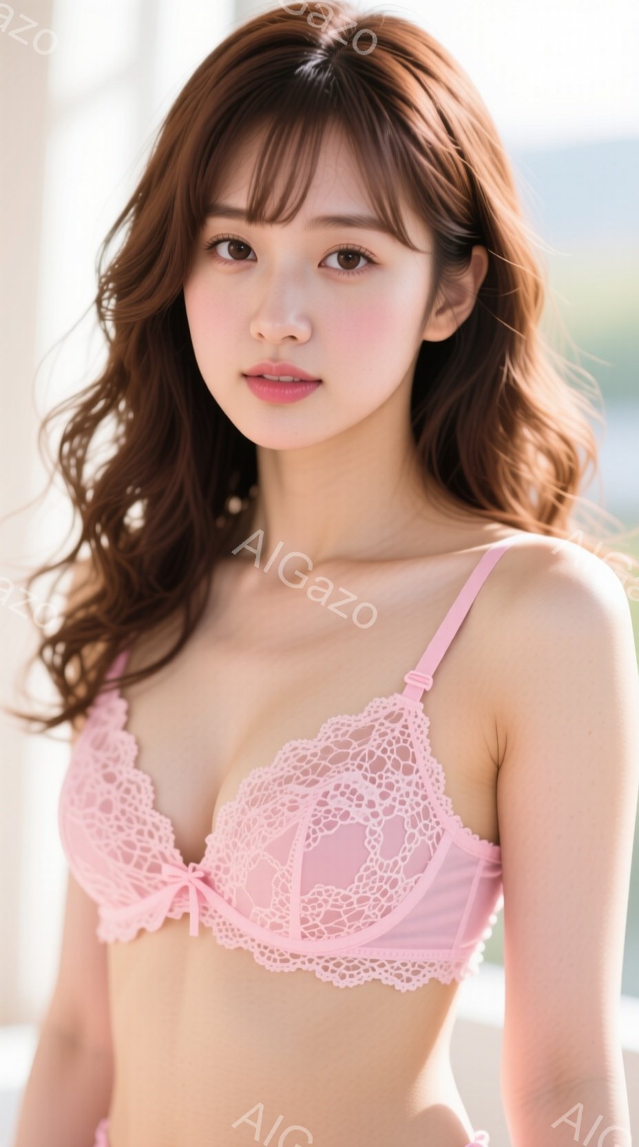 長い茶色の髪はゆるやかにカールしており、肩に流れ落ちています。彼女は淡いピンク色のレースのブラレットを身に着けており、わずかに微笑んでカメラを見つめています。背景はぼやけていますが、窓からの自然光が差 - AI生成フリー素材