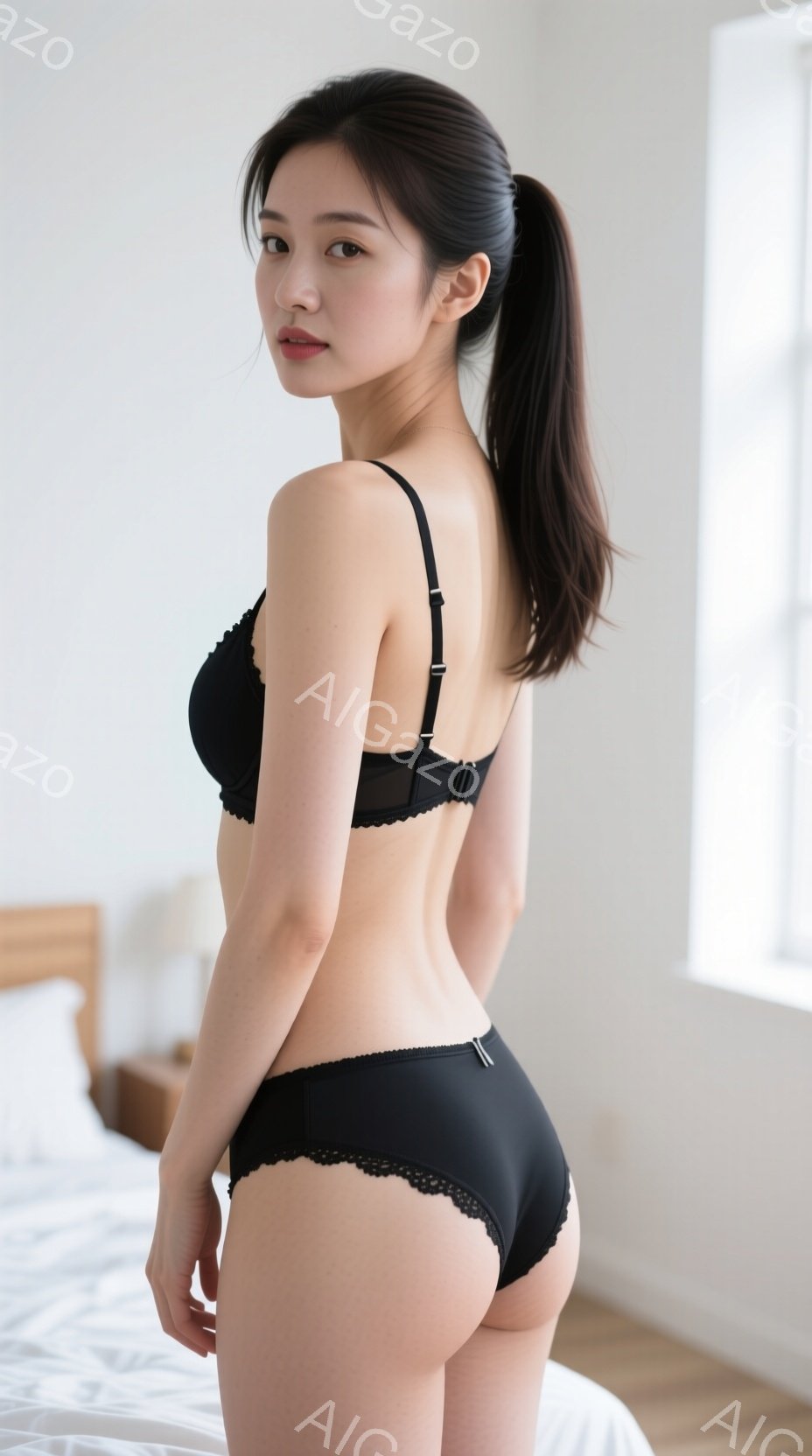 黒いランジェリー姿の女性が、白いベッドの上に立っている。彼女は長い黒髪を後ろでポニーテールにし、少し微笑んでいる。背景にはぼやけた部屋の一部が見え、全体的に柔らかく、穏やかな雰囲気が漂っている。 - AI生成フリー素材