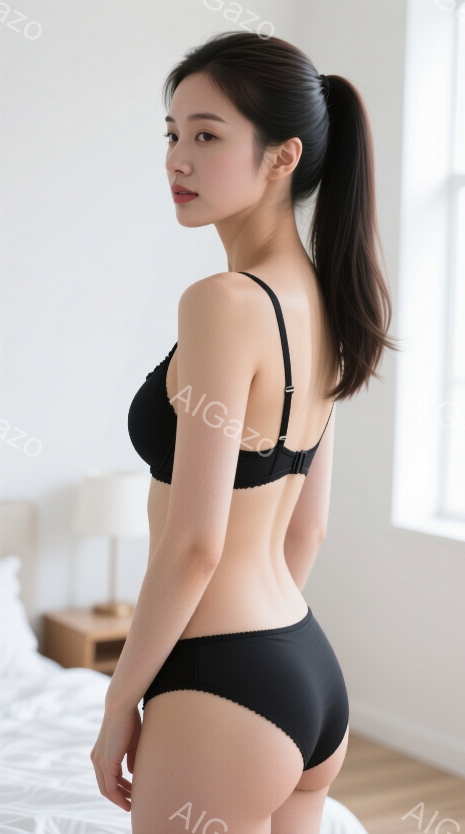 黒いブラとショーツを身につけた女性が、背中を向けて立っています。彼女は長い黒髪を高くポニーテールにしており、肌が滑らかに見えます。背景には白いベッドと窓が見え、室内が明るく清潔な印象を与えます。 - AI生成フリー素材