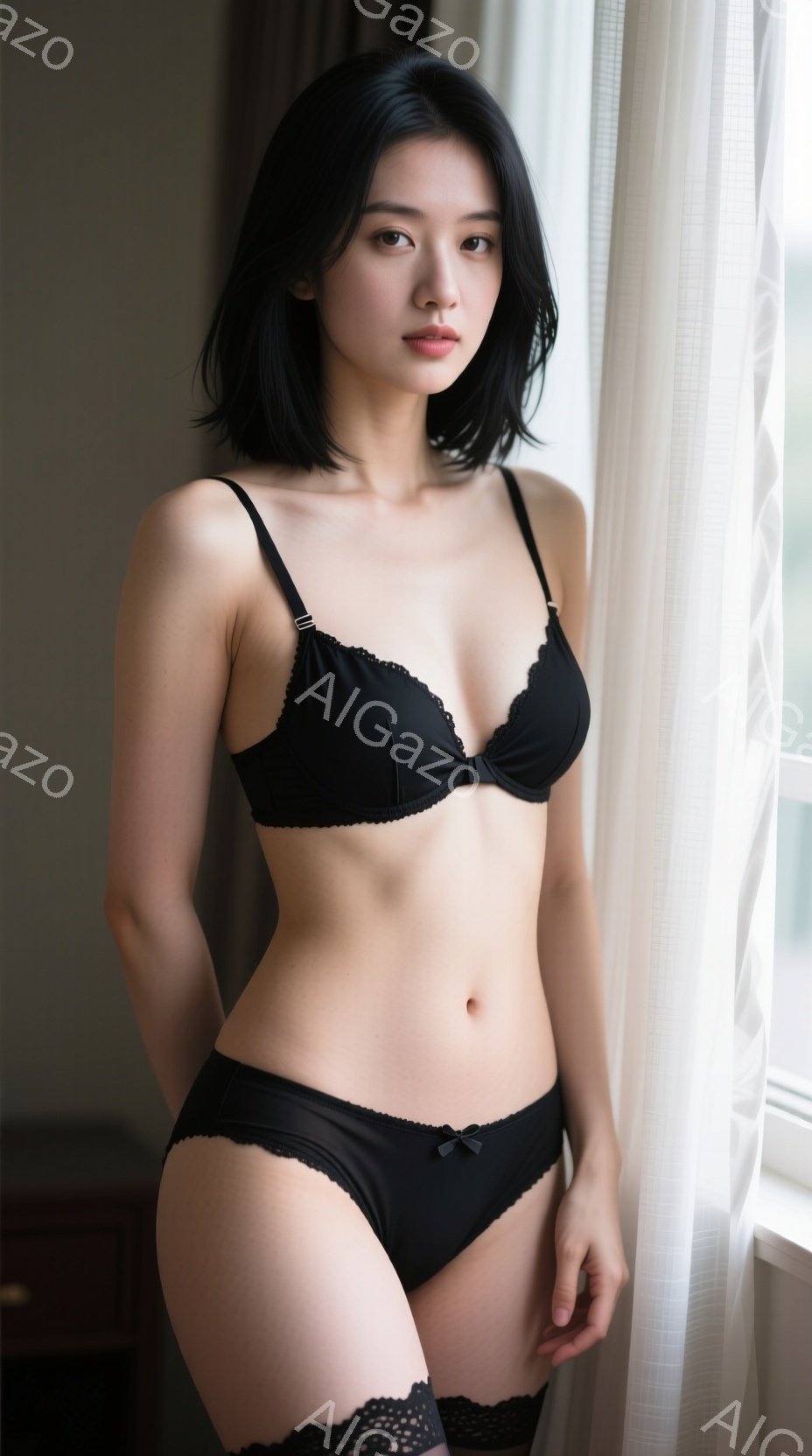 黒いレースのブラとパンティーを身に着けた女性が、窓辺に立っています。肩までの黒髪で、落ち着いた表情でカメラを見つめています。背景はぼやけた都市の風景で、柔らかい光が彼女を照らしています。 - AI生成フリー素材