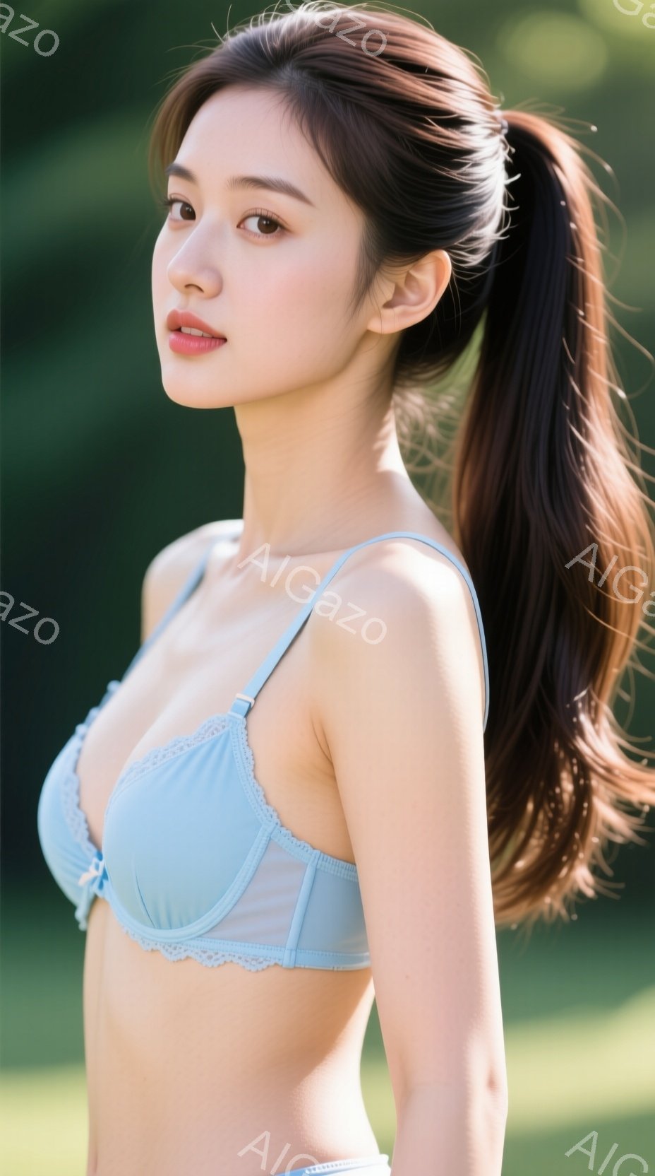 長い黒髪をポニーテールにした若い女性が、淡い水色のレースブラと下着を身につけています。彼女は少し横を向き、穏やかな表情でカメラを見ています。背景は緑豊かな自然で、柔らかい光が彼女を照らし、全体的に優し - AI生成フリー素材