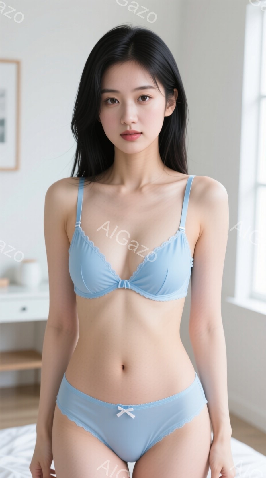 明るい室内で、水色のブラとショーツを身につけた若い女性が写っています。彼女は長い黒髪で、少し微笑んだ表情を浮かべており、リラックスした姿勢で正面を向いています。背景には白い棚と窓が見え、全体的に清潔感 - AI生成フリー素材