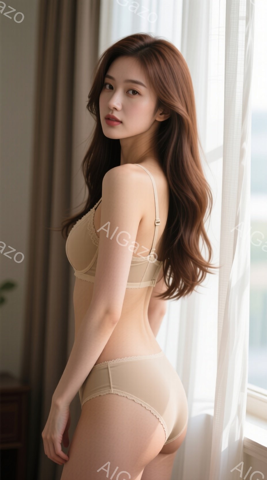 長い茶色のウェーブヘアの女性が、ベージュ色のランジェリーセットを身につけ、窓辺でポーズを取っています。彼女は後ろを向き、少し微笑んでおり、優雅でリラックスした雰囲気を醸し出しています。背景にはぼやけた - AI生成フリー素材