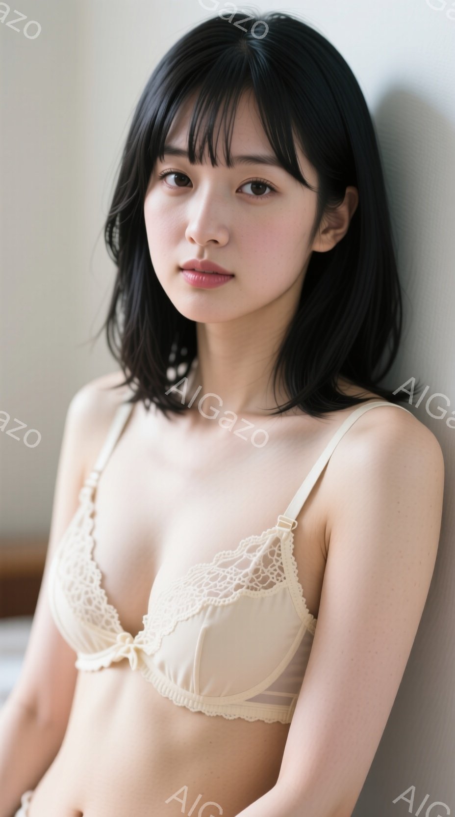 黒髪の女性がベージュ色のレースのブラレットを着用し、カメラを見つめています。彼女は肩を少し落としたリラックスした姿勢で、穏やかな表情を浮かべています。背景はぼやけており、室内であることしか分かりません - AI生成フリー素材