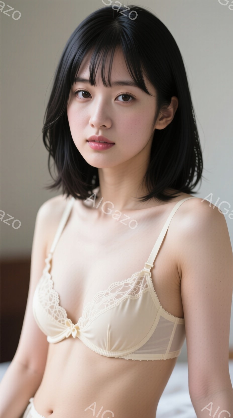 画像には、ベージュ色の繊細なレースのブラジャーとショーツを着用した若い女性が写っています。彼女は黒髪のボブスタイルで、穏やかな表情でカメラを見つめており、リラックスした姿勢で座っています。背景はぼやけ - AI生成フリー素材