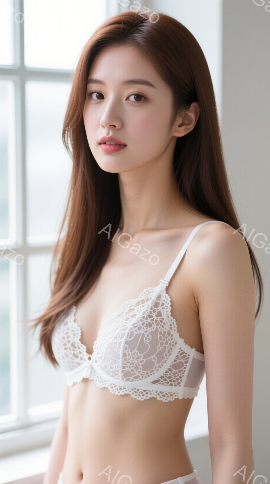 長い茶色の髪をさらしている女性が、白いレースのブラとショーツ姿で立っています。彼女は正面をまっすぐ見ており、表情は穏やかで、少し微笑んでいるように見えます。背景には窓があり、白っぽい壁と外の光が差し込 - AI生成フリー素材