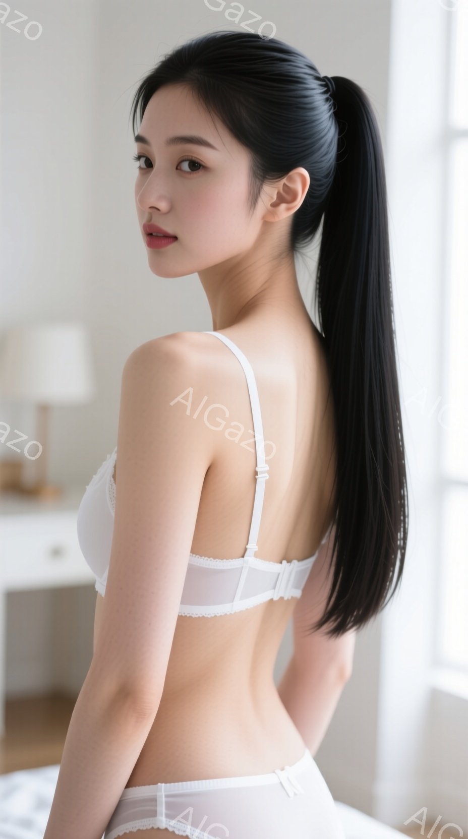 長い黒髪を後ろでポニーテールにした女性が、白いレースのブラジャーとショーツを身につけて立っています。彼女は少し振り返っており、顔は横を向いており、穏やかな表情をしています。背景には白い家具が見え、明る - AI生成フリー素材